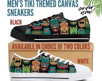 Herren Tiki Print Canvas Sneakers, Tropisches Druckkleid, Benutzerdefinierte Tiki-Schuhe, polynesische Ausrüstung, Tiki-Druckschuhe, einzigartige Tiki-Ware