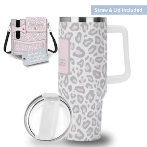 Vaso de acero inoxidable personalizado de 40 oz con tapa y pajita, taza de viaje con estampado de guepardo y bolsa portátil a juego, estampado de leopardo rosa y gris.
