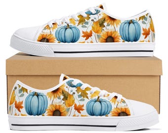 Blue Pumpkin Sunflower Sneakers for Women, Fall Canvas Shoes, Autumn Floral Sneakers, Pumpkin Patch Shoes, Thanksgiving Fall Footwear
