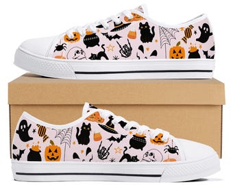 Halloween Canvas Sneakers: Pink Shoes with Black Cats & Pumpkins