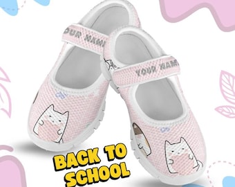 Kids Pink Kitty Cat Hook and Loop Closure Sneakers: Custom Mary Jane Shoes
