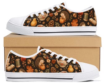 Fall Hedgehog Sneakers, Autumn Cottagecore Shoes, Pumpkin Low Top Canvas Shoes, Woodland Fall Shoes, Cozy Hedgehog Gift