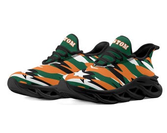 Zapatillas Hurricane para hombre, camuflaje de estrellas verde y naranja, para fanáticos del fútbol americano de Miami