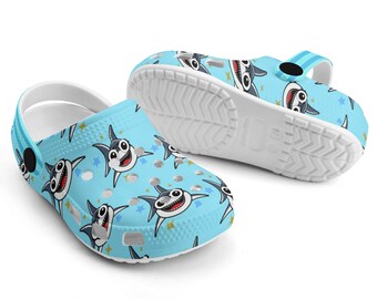 Kids All Over Print Blue Shark Croc Style Sandals, Blue Baby Shark Clogs, Birthday Boy Shoes, Themed Party Footwear, Boys Water Shoes, Gift