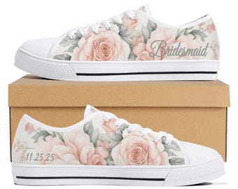 Soft Pink Roses Bridal Party Canvas Shoes, Personalized Wedding Floral Print Sneakers