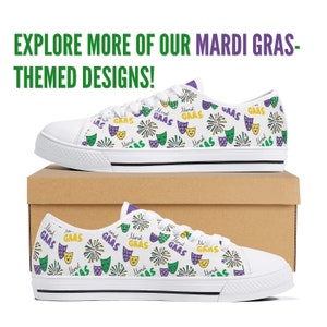 Zapatillas de lona Mardi Gras: zapatos con máscara morados, verdes y dorados
