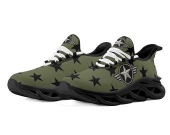 Army Green Black Star Sneakers, Patriotic Shoes, Military Inspired Low Top Sneakers, Veteran Gift, USA Flag Style Shoes, Unisex Canvas Shoes