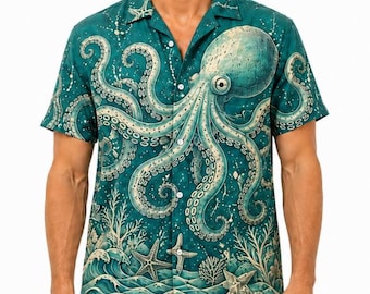 Teal Octopus Hawaiian Shirt, Vintage Ocean Waves, Coastal Aloha Button Up