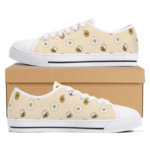 Bumble Bee Canvas Shoes: Honeycomb Floral Print, Low Top Sneakers