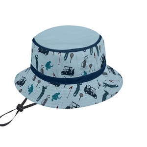 Golfingowy kapelusz typu bucket hat z nadrukiem i regulowanym sznurkiem, kapelusz z filtrem przeciwsłonecznym, kapelusz golfowy, kapelusz przeciwsłoneczny, prezent dla golfisty, stylowy kapelusz typu bucket hat