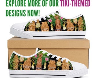 Women's Tiki Mask Sneakers: Tropical Floral Print Canvas Shoes