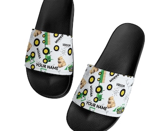 Kids' Tractor Print Rubber Slide Sandals: Farm Theme Waterproof Slippers