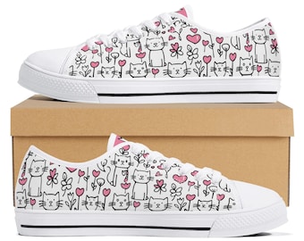 Cat Lover Sneakers: Black & White Kitten Print Canvas Shoes