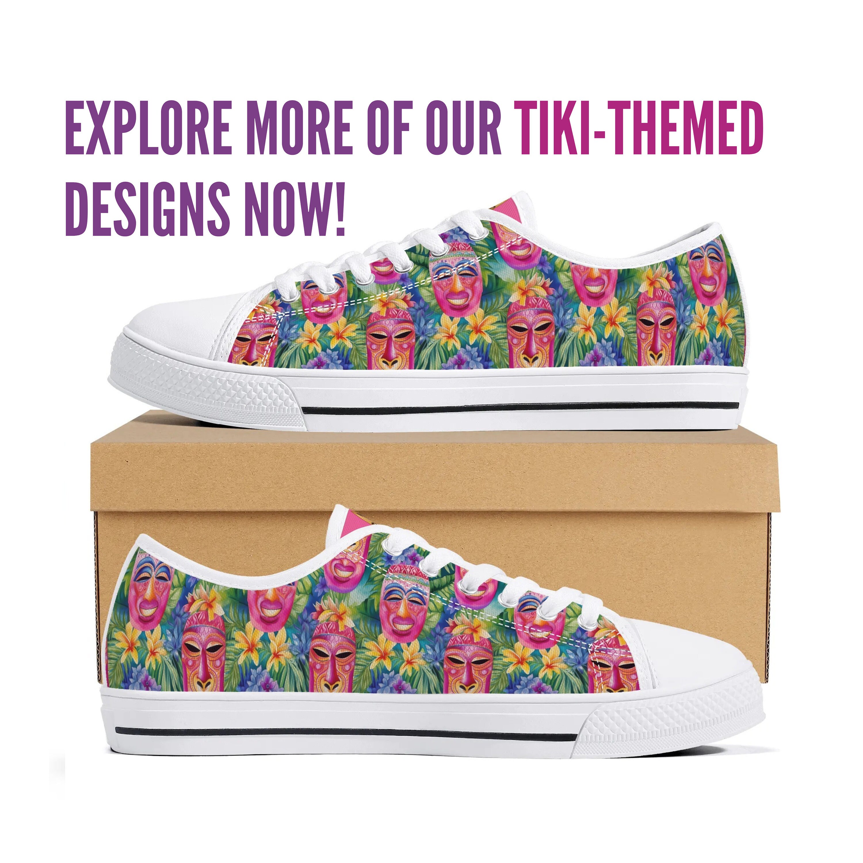 靴 tiki Women's Tiki Mask Sneakers: Tropical Floral Print Canvas Shoes