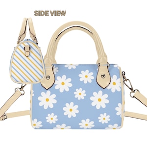 Sac à main cartable imprimé fleurs printanières, sac à main imprimé marguerites, sac à main imprimé, côtés rayés, motif floral bleu et jaune, cadeau pour maman
