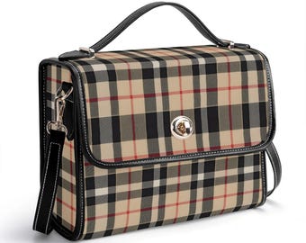 Bolso de mano de piel sintética a cuadros en color tostado y negro, bolso de mano con diseño de tartán, bolso de hombro a rayas, elegante bolso de regalo con estampado de cuadros.