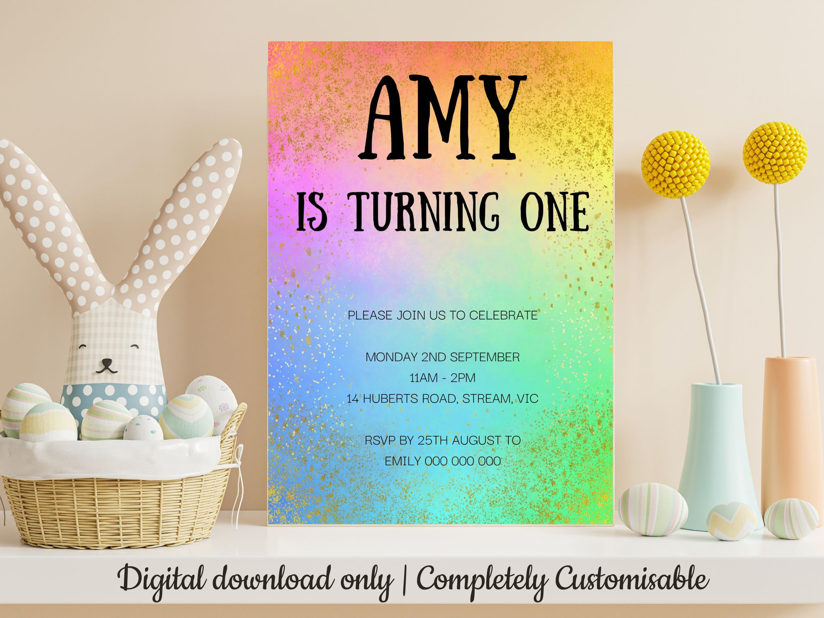 Printable Rainbow Birthday Invitation Canva Template Birthday Evites ...