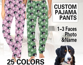 Custom Face Pajama Pants, Pet Face on Pajamas, Personalized Photo Pajamas for Kids, Pj's with Dog Heads and Fishbones, Personalized Gift