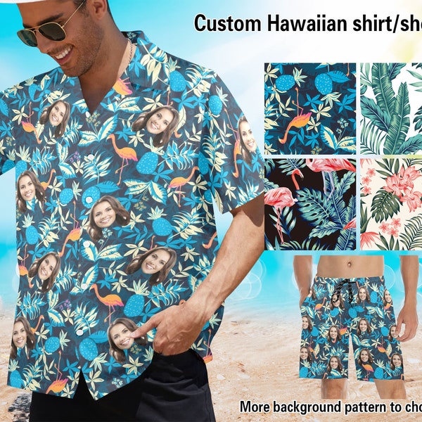 Custom Face Hawaiian Shirt Men's Hawaiian Shirt Button Up Shirt Man Customized All Over Print Swim Trunk Bachelorette Party Beach Wear