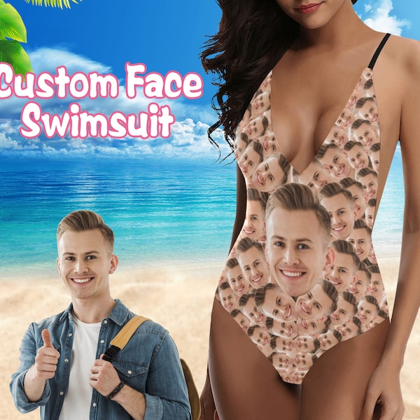 Custom Face Slip One Piece Swimsuit for Girlfriend or Wife, Personalized Photo Bathing Suit, Customized Bachelor Party Day/Anniversary Gift