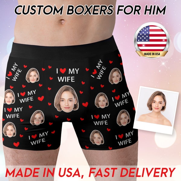 Custom Underwear with Face, Personalized Hearts I love My Wife Boxers with Photo, Custom Picture Boxer Gift for Boyfriend Gift for Husband