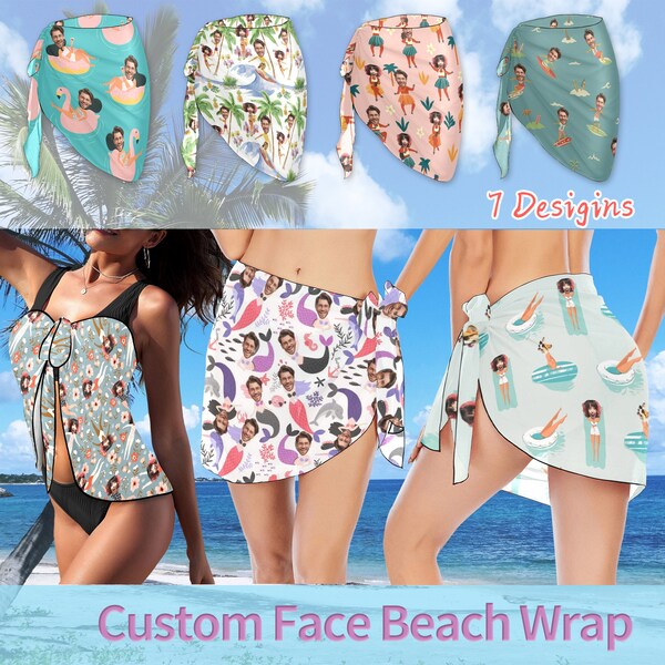 Custom Face Beach Wrap, Personalized Beach Sarong Wrap, Face Bikini Cover up, Customize Swimsuit Cover up, Tropical Short Swimsuit With Face