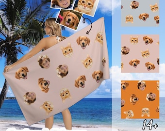 Personalized Beach Towel with Faces, Your Dog/Cat Faces Towels, Vacation Anniversary Birthday Beach Towel, Gift for Dad,Mother,Kids,Friends