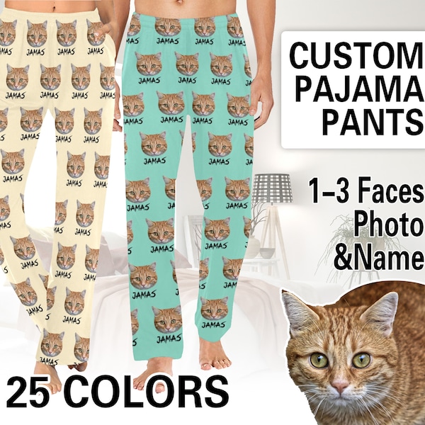 Custom Cat Face Pajamas with Name,Personalized Pajamas Pants with Photo,Pet Pajamas,Men Pajama bottoms,Dad Gifts,Pajama pants for Women