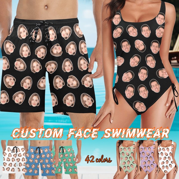 Custom Couple Swimsuit Face Swim Trunks, Match Couple Swimwear with Face, Personalized Face Swimwear Beach shorts, Gift for Bachelor Party