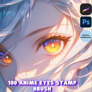 May include: A digital download of 100 anime eye stamp brushes for use in Adobe Photoshop. The image shows a close-up of a colorful anime eye with a sparkling effect. The brushes are displayed in a grid format with numbers and descriptions.
