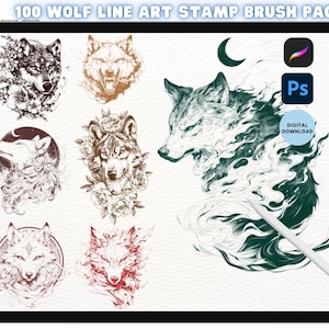 Procreate & Photoshop Wolf Tattoo Line Art Stamp Bundle Pack Celtic Nordic Mystical Wolves Brushes Digital Download Brush Set