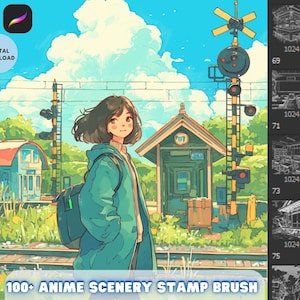 May include: A digital download of 100+ anime scenery stamp brushes for use in Adobe Photoshop. The image shows a girl with brown hair standing in front of a train station with a blue sky and white clouds in the background. The brushes are shown in a grid of thumbnails.