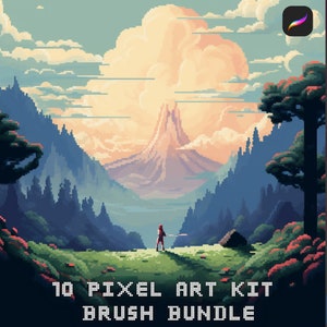 Puede incluir: Paisaje de arte pixelado con una figura sosteniendo una espada, montañas y una puesta de sol. La imagen incluye un icono de la aplicación Procreate y un conjunto de 10 pinceles de arte pixelado. El texto dice "10 Pixel Art Kit Brush Bundle."