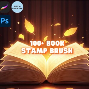 May include: An illustration of an open book with glowing pages and falling leaves. The text "100+ BOOK STAMP BRUSH" is displayed above the book. The image is a digital download for Adobe Photoshop.
