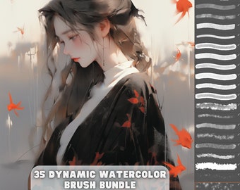 May include: A set of 35 dynamic watercolor brushes for Adobe Photoshop. The brushes are designed to create realistic watercolor effects. The image shows a woman with long dark hair wearing a black and red kimono. The brushes are shown in the background.