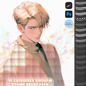 May include: A digital download of 48 checkered gingham stamp brushes for use in Adobe Photoshop and Procreate. The brushes are black and white and feature a variety of checkered and gingham patterns.