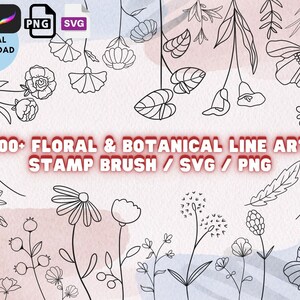 Floral Botanical Line Art Doodle , Procreate Photoshop PNG SVG  Stamp Bundle Pack Brushes Digital Download Clipart