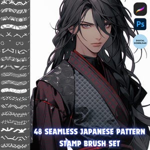 Puede incluir: Un conjunto de 48 pinceles de estampado de patrones japoneses sin costuras para arte digital. Los pinceles presentan una variedad de diseños japoneses tradicionales, incluidos patrones geométricos, motivos florales y patrones de ondas. Los pinceles son perfectos para agregar un toque de estilo japonés a tu arte digital.