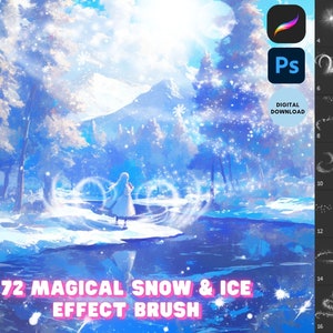 May include: Digital graphic download depicting a snowy landscape with a figure in white. The image includes the text "72 MAGICAL SNOW & ICE EFFECT BRUSH" and icons for Procreate and Photoshop, with examples of snow and ice effect brushes.
