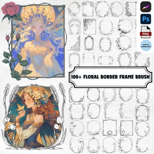 Procreate & Photoshop PNG 花柄ボーダーフォトフレームスタンプバンドルパック アールヌーボーラインアート落書きブラシ デジタルダウンロード
