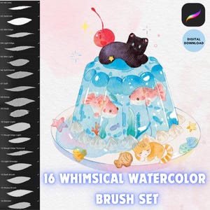 May include: Digital download of a whimsical watercolor brush set for Procreate. The image features a blue jelly dessert with fish, a black cat, and a cherry on top. The text reads "16 Whimsical Watercolor Brush Set."