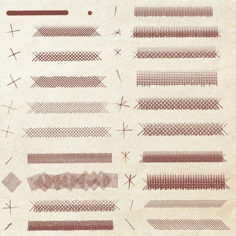 Puede incluir: Una colecci&oacute;n de elementos de arte lineal marr&oacute;n, que incluye l&iacute;neas rectas, puntos, cruces y varios patrones de cuadr&iacute;cula y sombreado. Los elementos est&aacute;n dispuestos sobre un fondo beige texturizado, creando una est&eacute;tica vintage o artesanal.