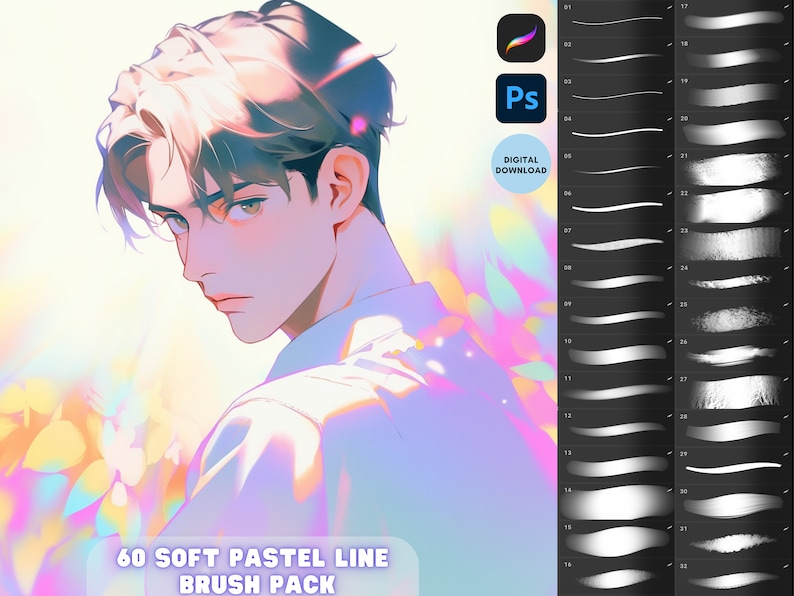 Pu&ograve; includere: Un set di 60 pennelli a linea pastello morbida per l'arte digitale. I pennelli sono visualizzati su uno sfondo nero con un bordo bianco. I pennelli sono progettati per l'uso con Adobe Photoshop e Procreate. L'immagine include anche un giovane uomo con capelli castano corti, che indossa una camicia bianca, su uno sfondo colorato.