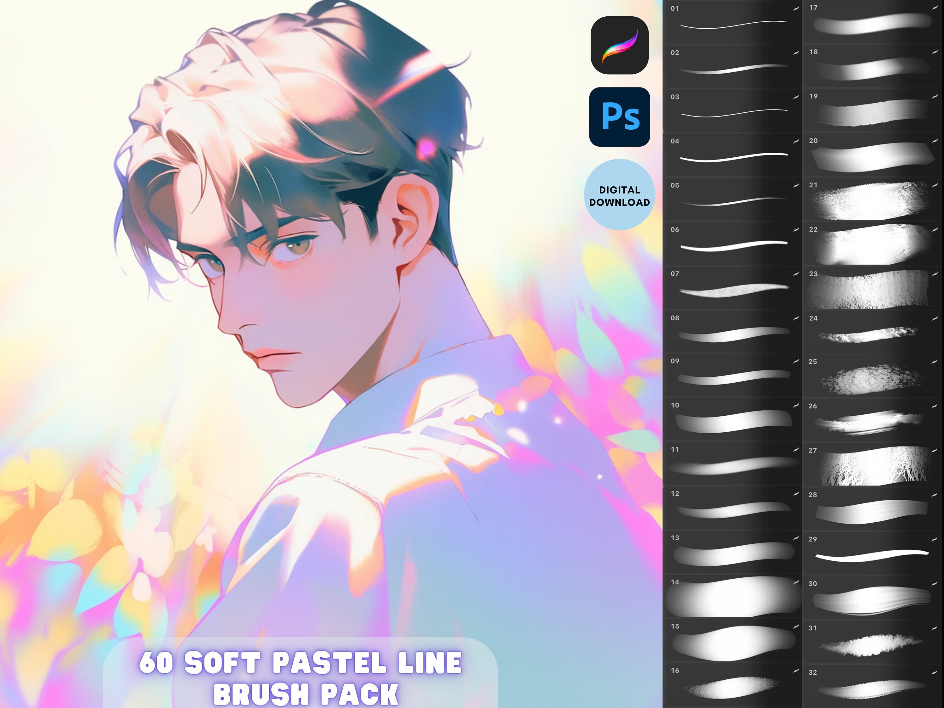 Pinceles de línea de pastel suave para Procreate y Photoshop – Set de 60 para anime, manga e ilustración