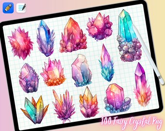 May include: A digital sheet of 100 watercolor fairy crystal PNG images. The crystals are in various shapes and colors, including pink, blue, purple, and orange.