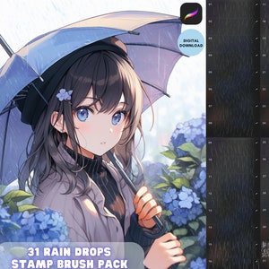 May include: A digital download of 31 rain drop stamp brushes. The image shows an anime girl with blue eyes and long black hair holding a blue umbrella. She is standing in front of a bush of blue flowers. The background is a light blue sky with rain falling.