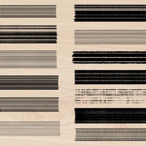 May include: A collection of 12 black and white striped patterns, each with a different width and spacing of the stripes. The patterns are arranged in a grid on a light wood background.