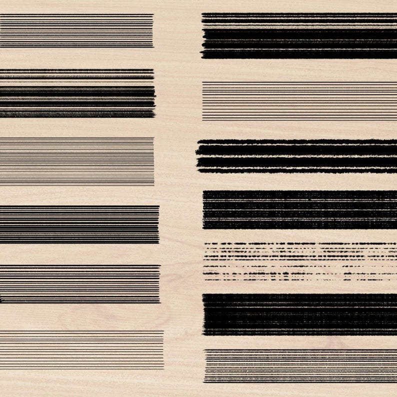 May include: A collection of 12 black and white striped patterns, each with a different width and spacing of the stripes. The patterns are arranged in a grid on a light wood background.