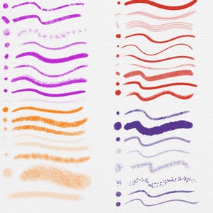 Op de afbeelding: Een verzameling digitale penseelstreken in verschillende kleuren, waaronder paars, oranje en rood, tegen een witte achtergrond. De streken vari&euml;ren in textuur en dikte en tonen verschillende artistieke effecten.
