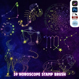 May include: A set of 59 colorful horoscope stamp brushes, featuring constellations of the zodiac signs against a dark blue starry background. The brushes include Aries, Taurus, Gemini, Cancer, Leo, Virgo, Libra, Scorpio, Sagittarius, Capricorn, Aquarius, and Pisces.